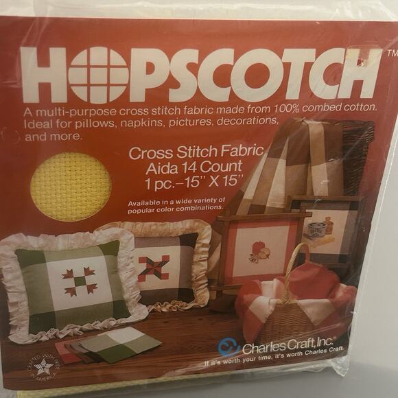 Lot of 3 Hopscotch Cross Stitch Fabric Green, Yellow, Red NOS Charles Craft VTG - Picture 5 of 5